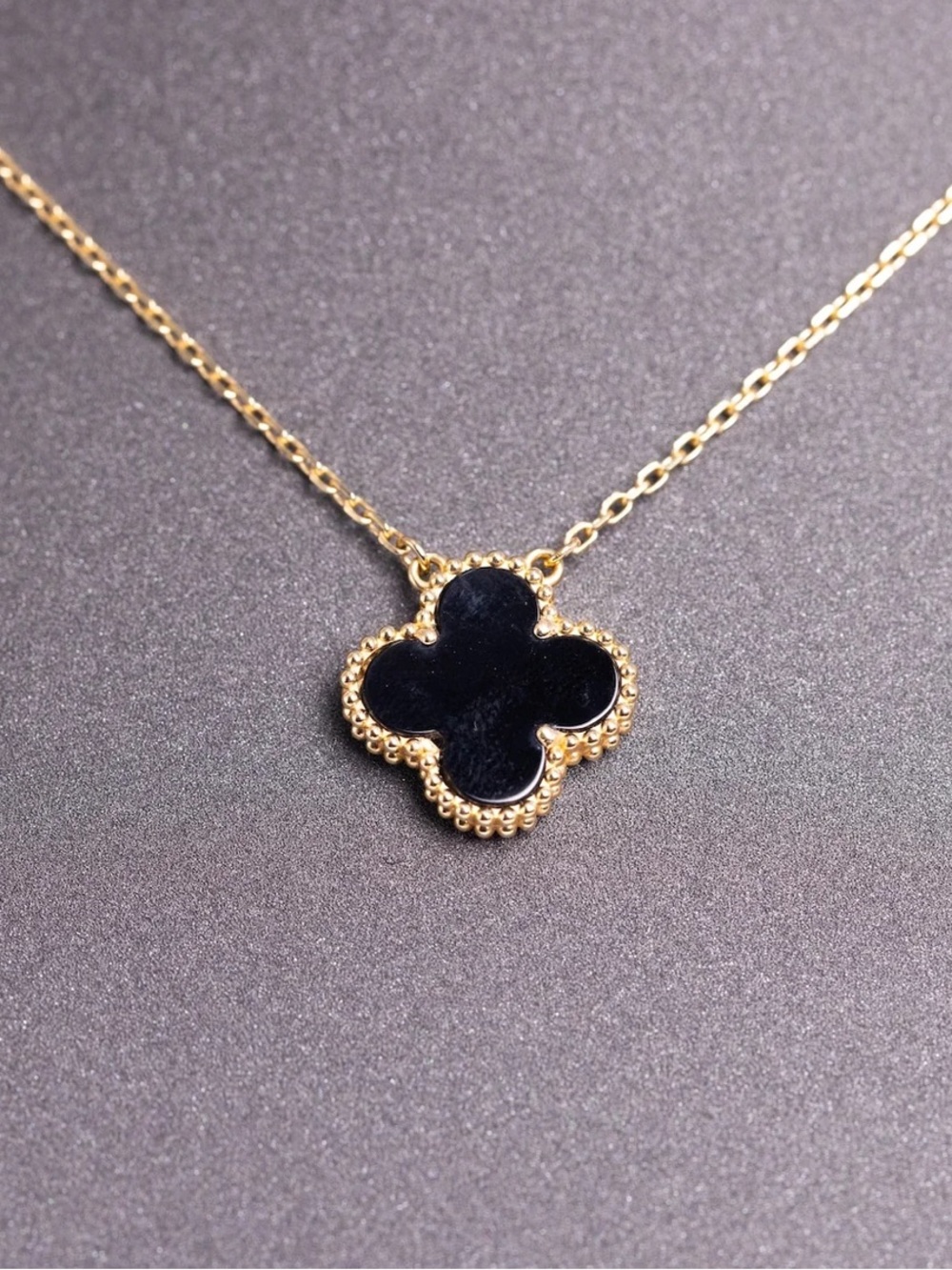 18K Real Gold Black ONYX Clover Necklace